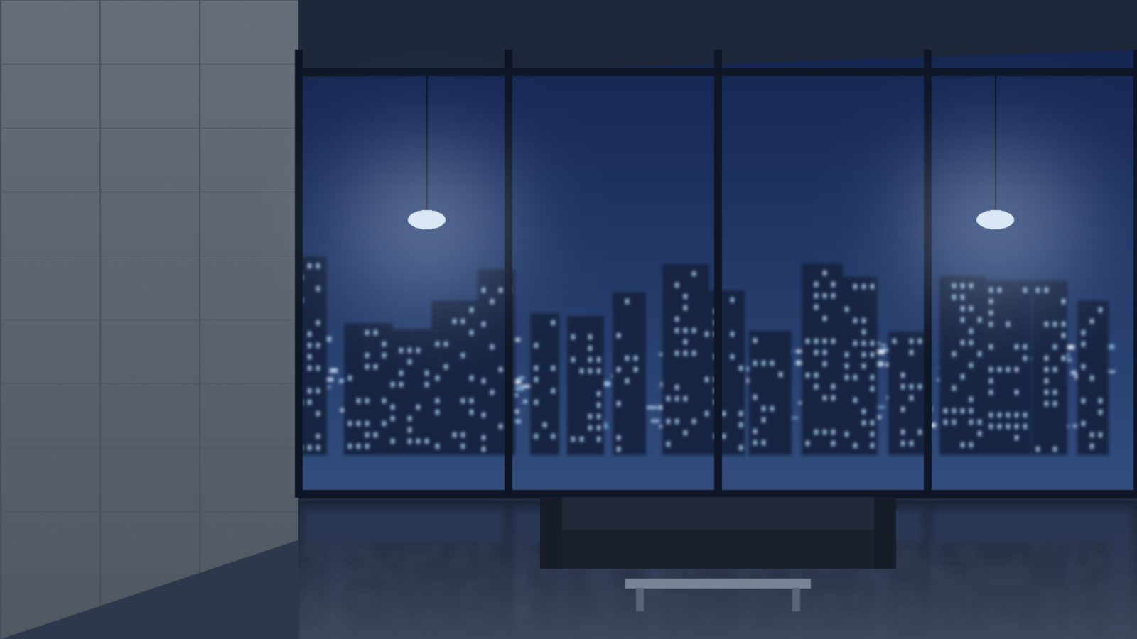 Glass-walled living room at blue hour with concrete walls and city lights beyond